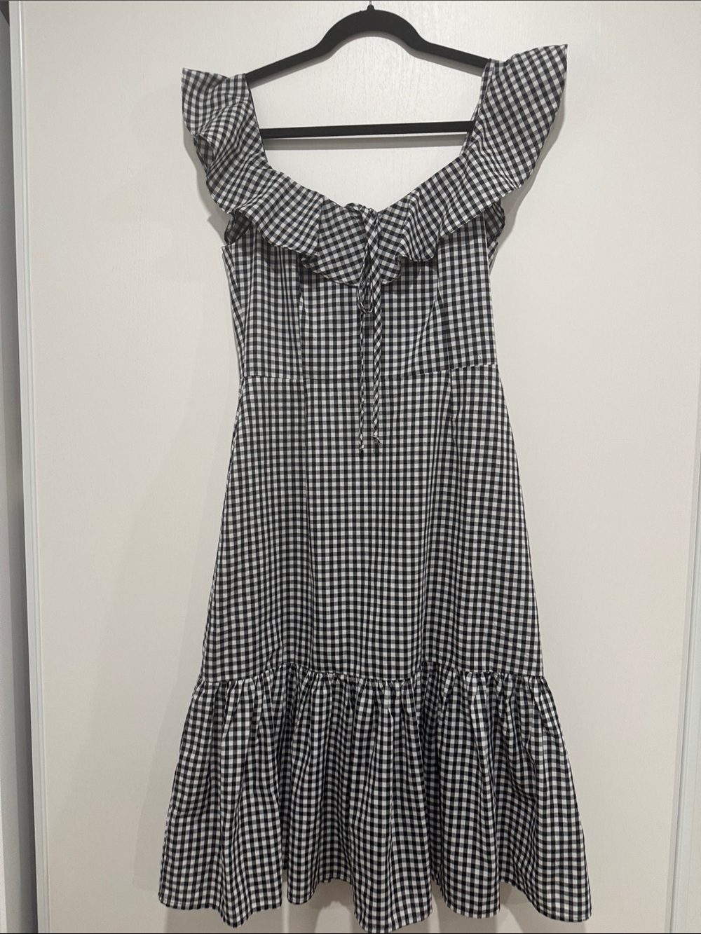 Wayf Black & White Gingham Ruffle-Trim Midi Dress
